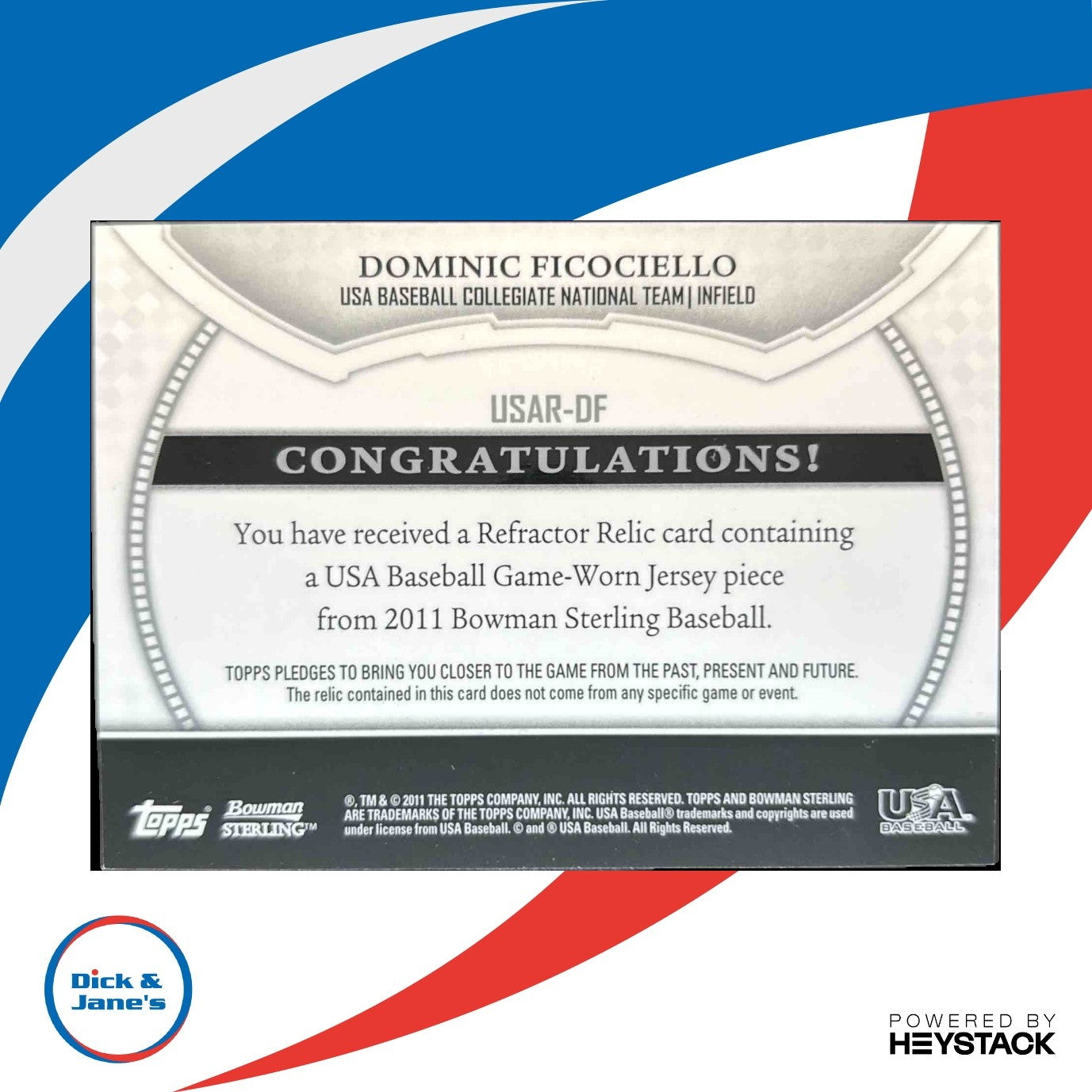2011 Bowman Sterling Dominic Ficociello USA Baseball Relics #USAR-DF MEM - Sports Cards