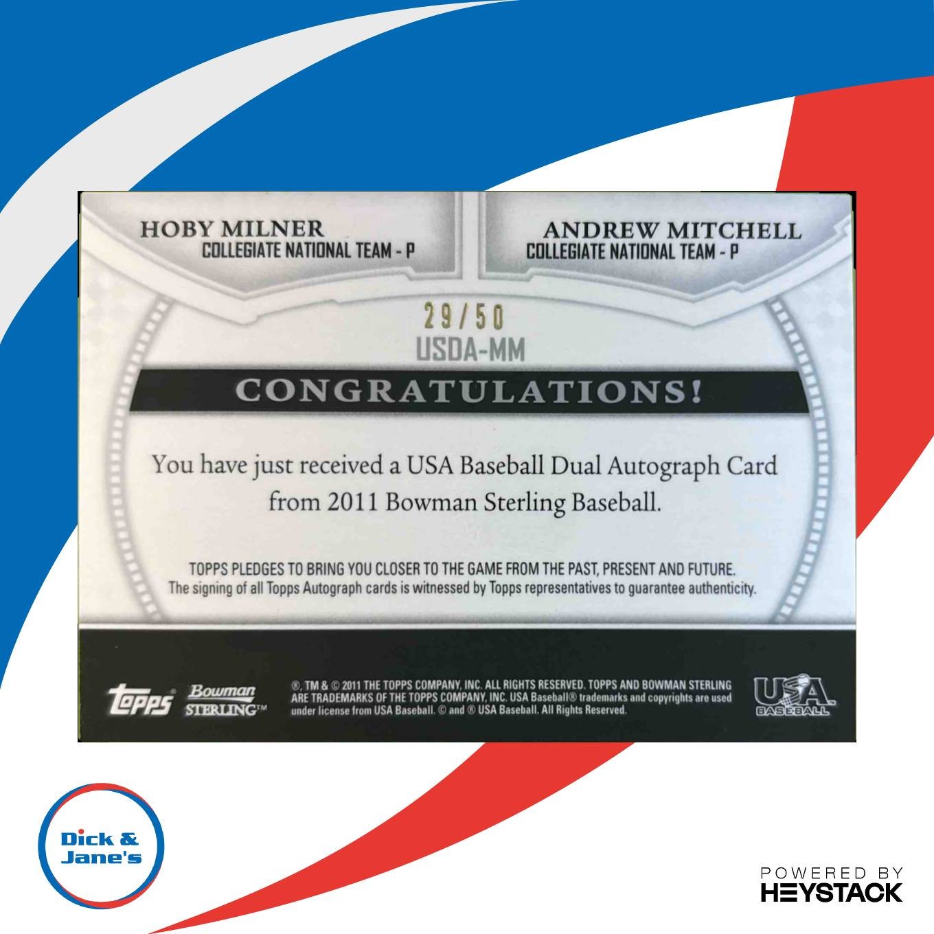 2011 Bowman Sterling Hoby Milner Andrew Mitchell Dual Auto Gold Refractor/50 USA - Sports Cards