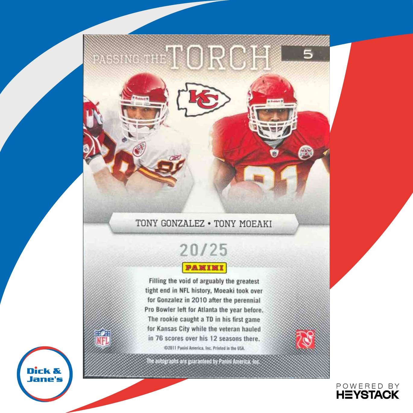 2011 Donruss Elite Tony Gonzalez Moeaki Passing the Torch Auto /25 Buccaneers - Sports Cards