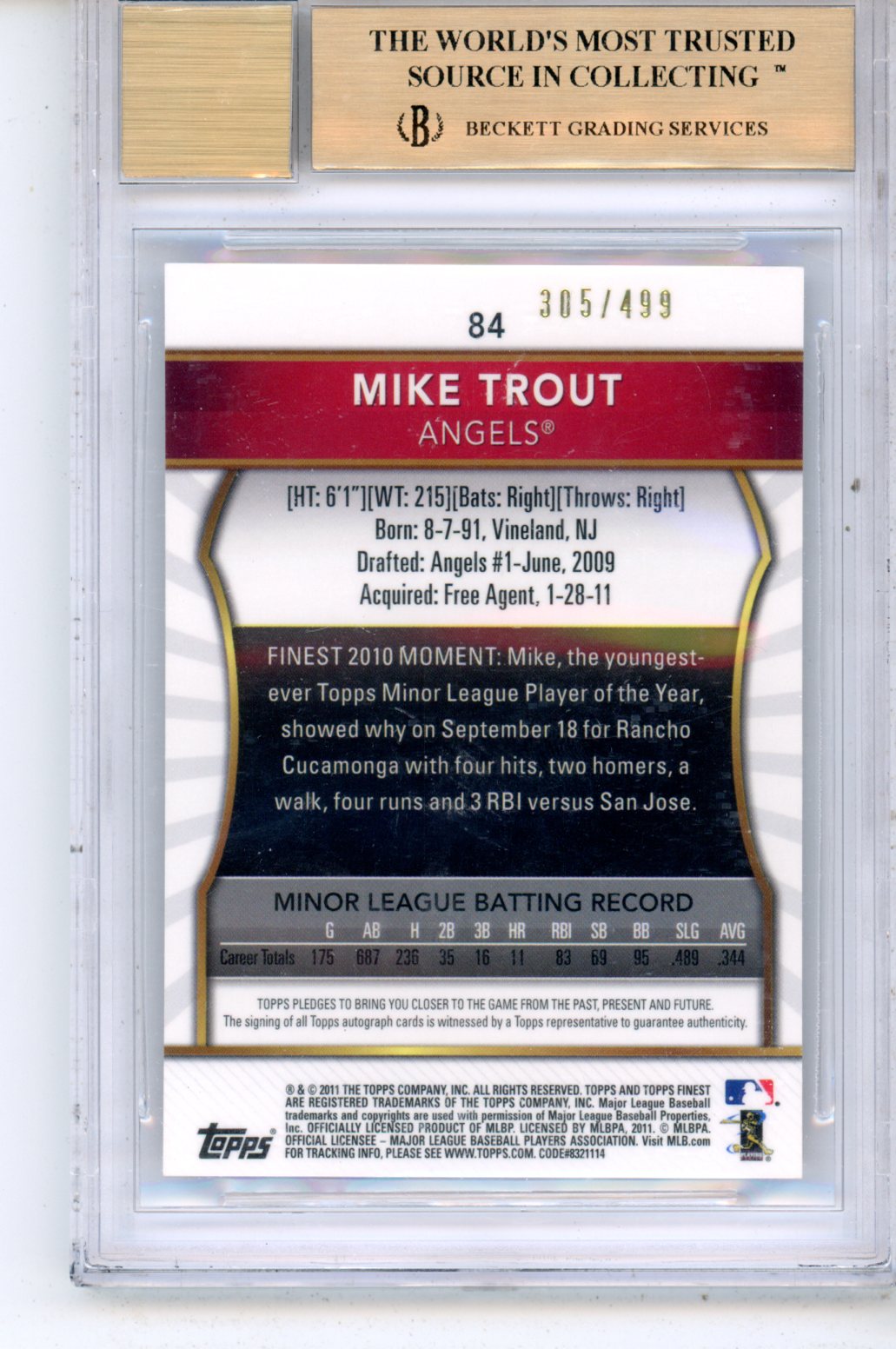 2011 Finest Rookie Autographs Refractors Mike Trout #84 BGS 9.5 Auto 10 - Graded Sports Cards