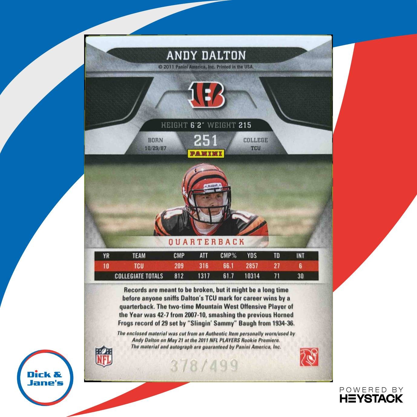 2011 Panini Certified Andy Dalton 378/499 #251 Rookie Auto Cincinnati Bengals - Sports Cards