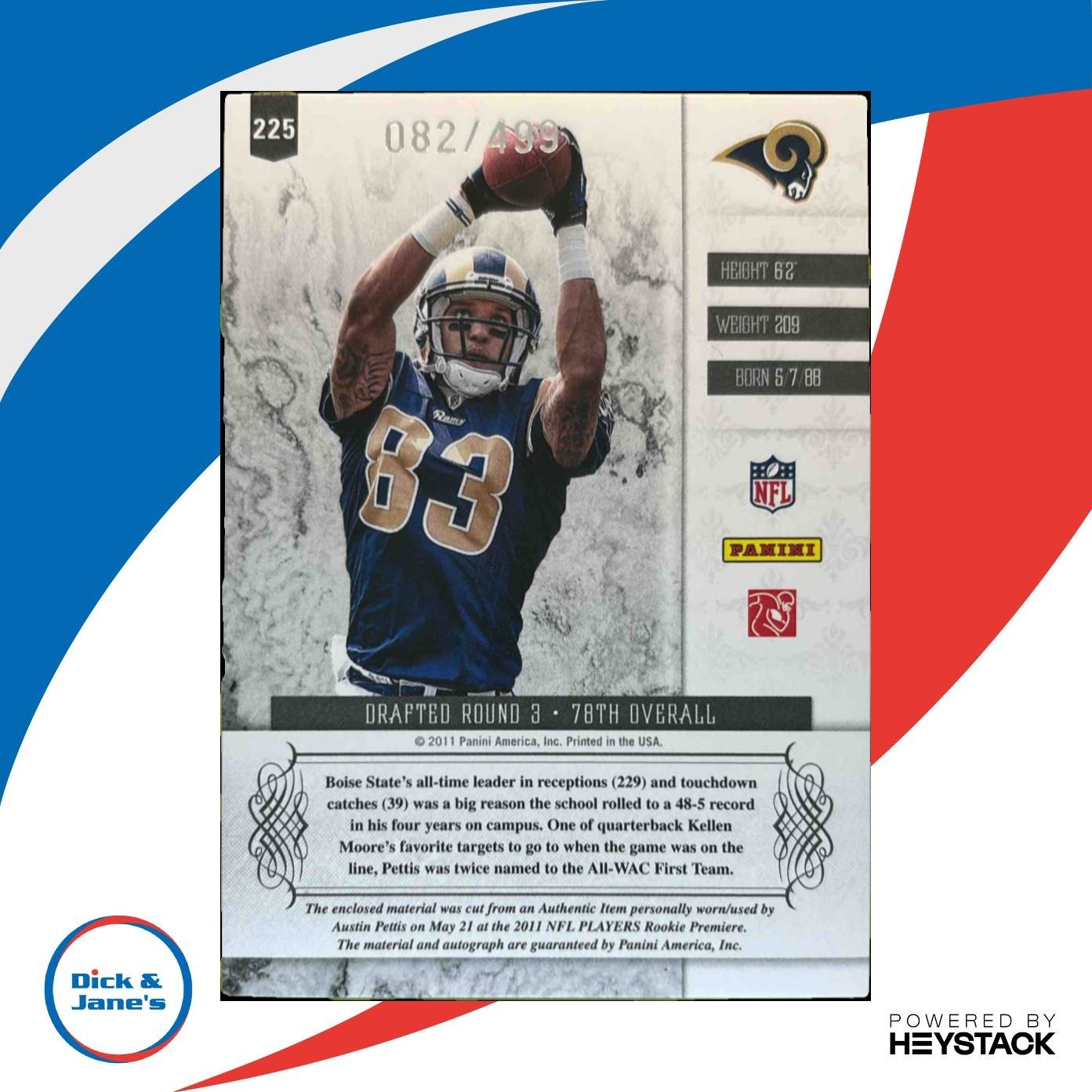 2011 Panini Plates & Patches Austin Pettis /499 #225 RC Auto St. Louis Rams - Sports Cards