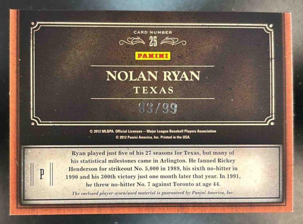 2011 Panini Prime Cuts Nolan Ryan Emblems of the Hall Patch /99 #25 MEM Rangers - Sports Cards