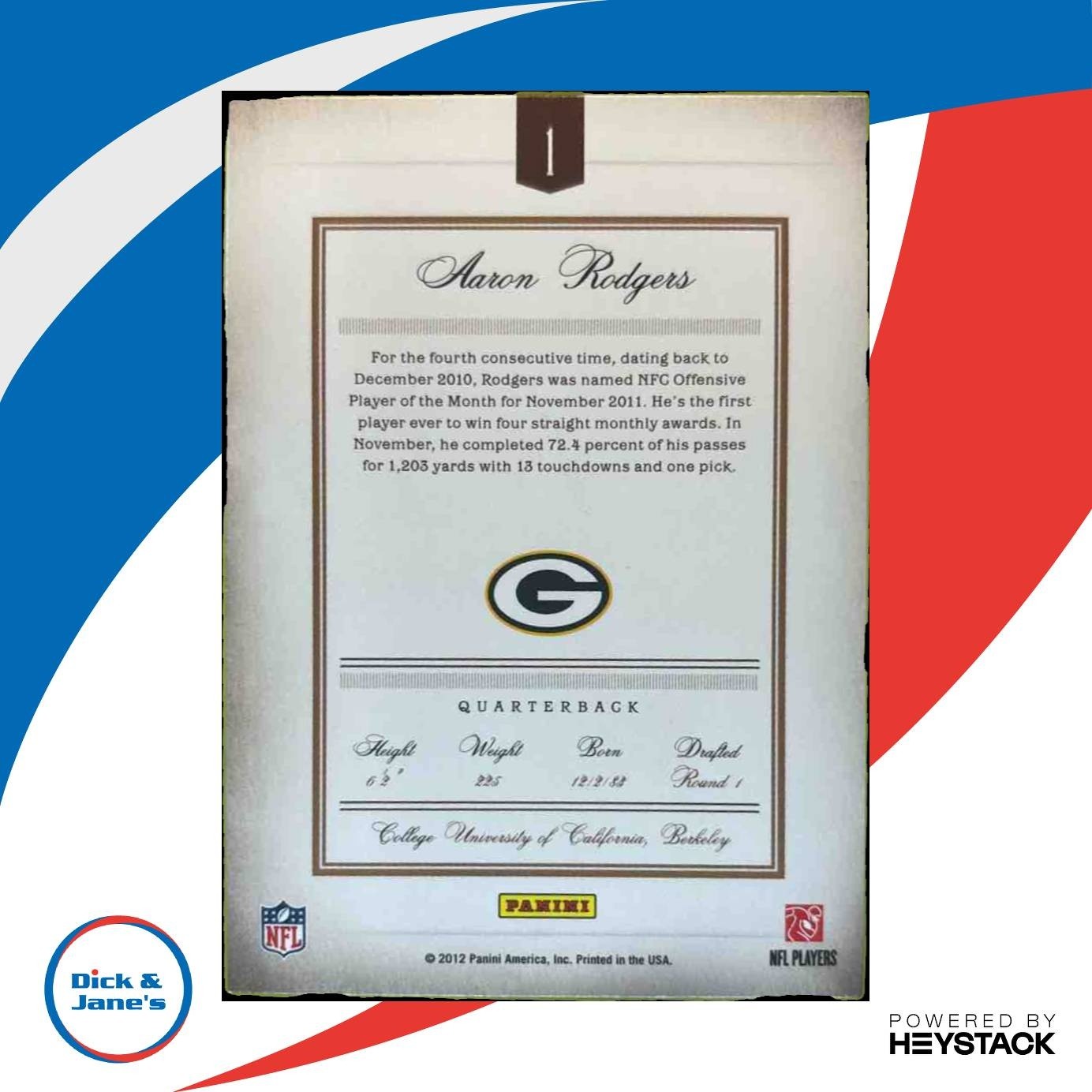 2011 Panini Prime Signatures Aaron Rodgers /499 #1 Green Bay Packers - Sports Cards