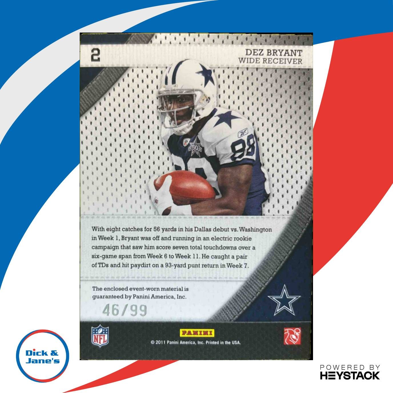 2011 Panini Threads Dez Bryant 2010 All Rookie Team Prime /99 #2 Dallas Cowboys - Sports Cards