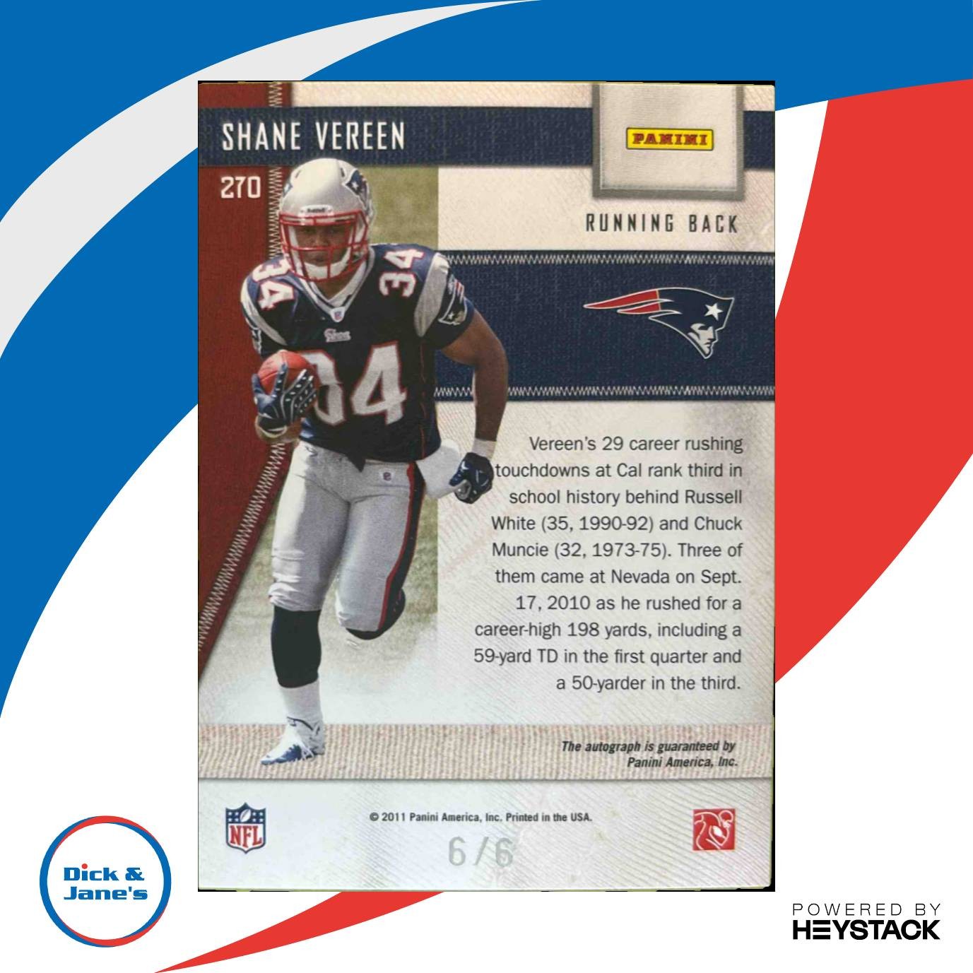 2011 Panini Threads Shane Vereen Rookie Patch Auto Gold 6/6 #270 RC Inscribed - Sports Cards