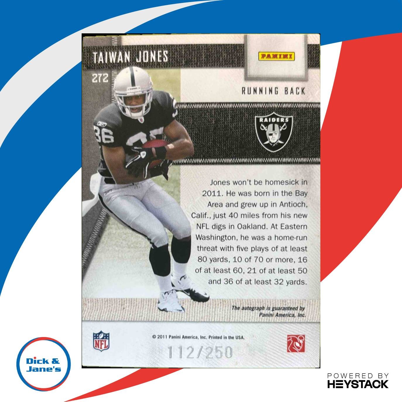 2011 Panini Threads Taiwan Jones /250 #272 RC Auto Oakland Raiders - Letter O - Sports Cards