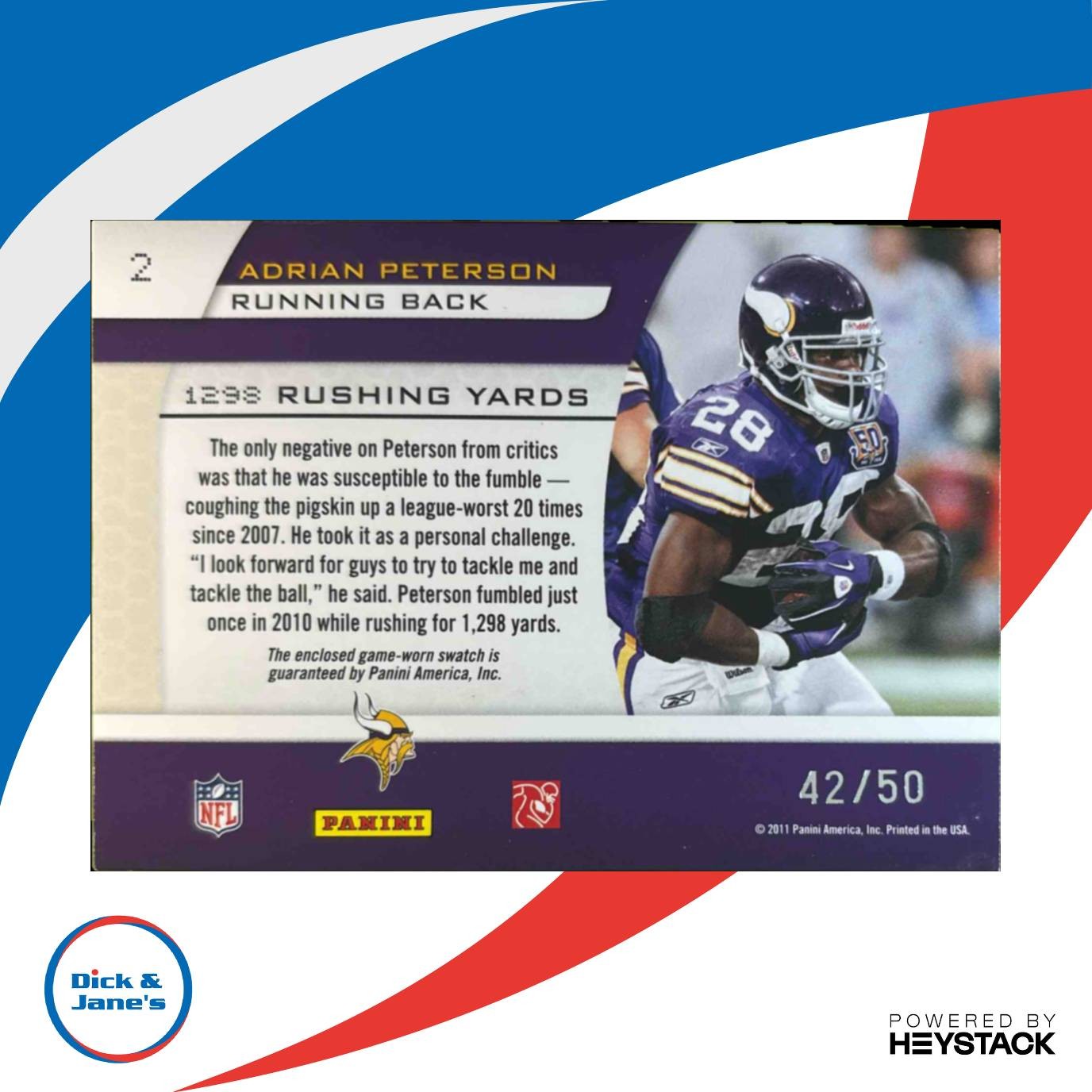 2011 Prestige Adrian Peterson Inside The Numbers Materials Prime 42/50 Vikings - Sports Cards