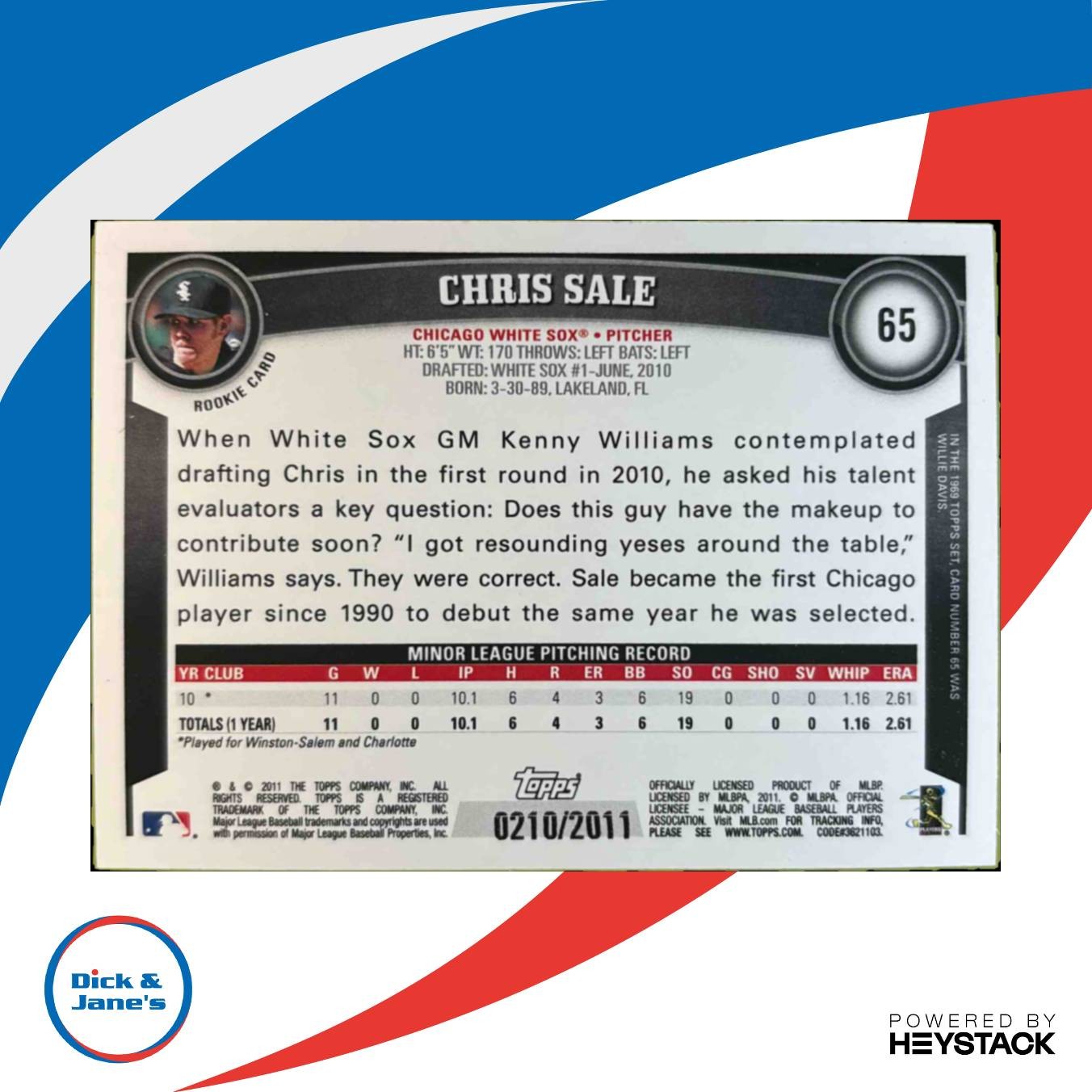 2011 Topps Chris Sale Gold 0210/2011 #65 RC Chicago White Sox Rookie Card - Sports Cards