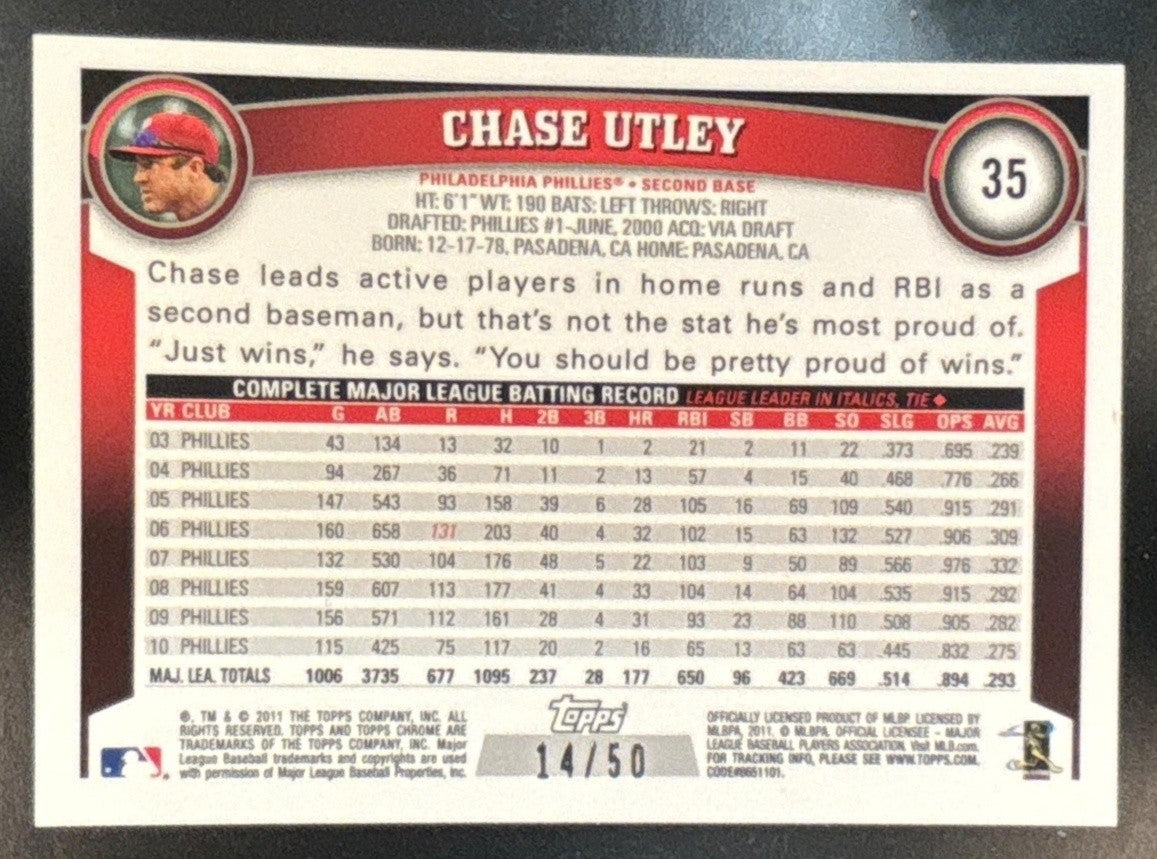 2011 Topps Chrome Chase Utley Gold Refractor /50 #35 Philadelphia Phillies - Sports Cards