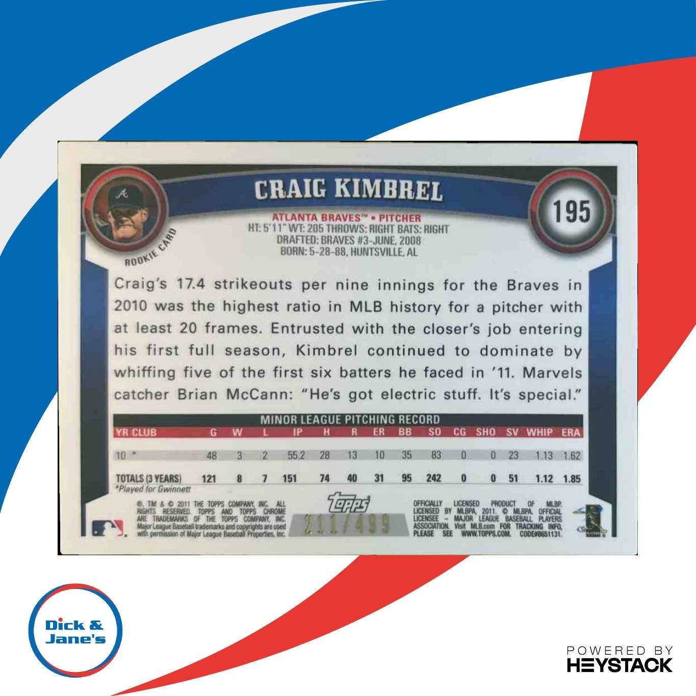 2011 Topps Chrome Craig Kimbrel Auto Refractor /499 #195 RC Atlanta Braves - Sports Cards