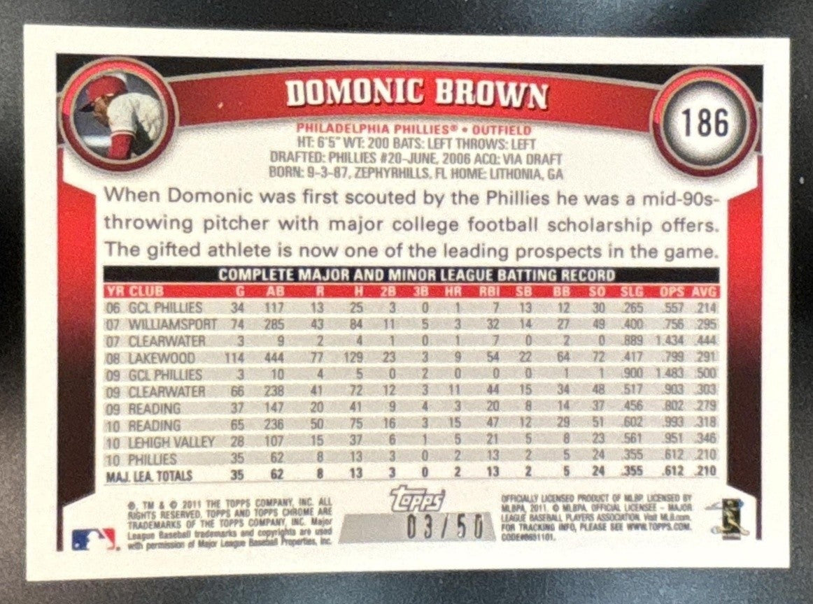 2011 Topps Chrome Domonic Brown Gold Refractor /50 #186 RC Philadelphia Phillies - Sports Cards