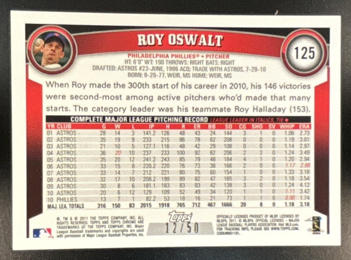2011 Topps Chrome Roy Oswalt Gold Refractor /50 #125 Philadelphia Phillies - Sports Cards