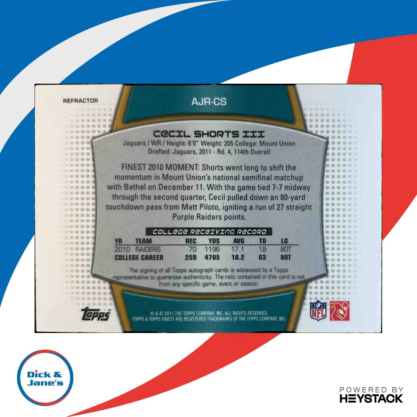 2011 Topps Finest Cecil Shorts III Jumbo Jersey Auto Gold /25 RC Jaguars - Sports Cards