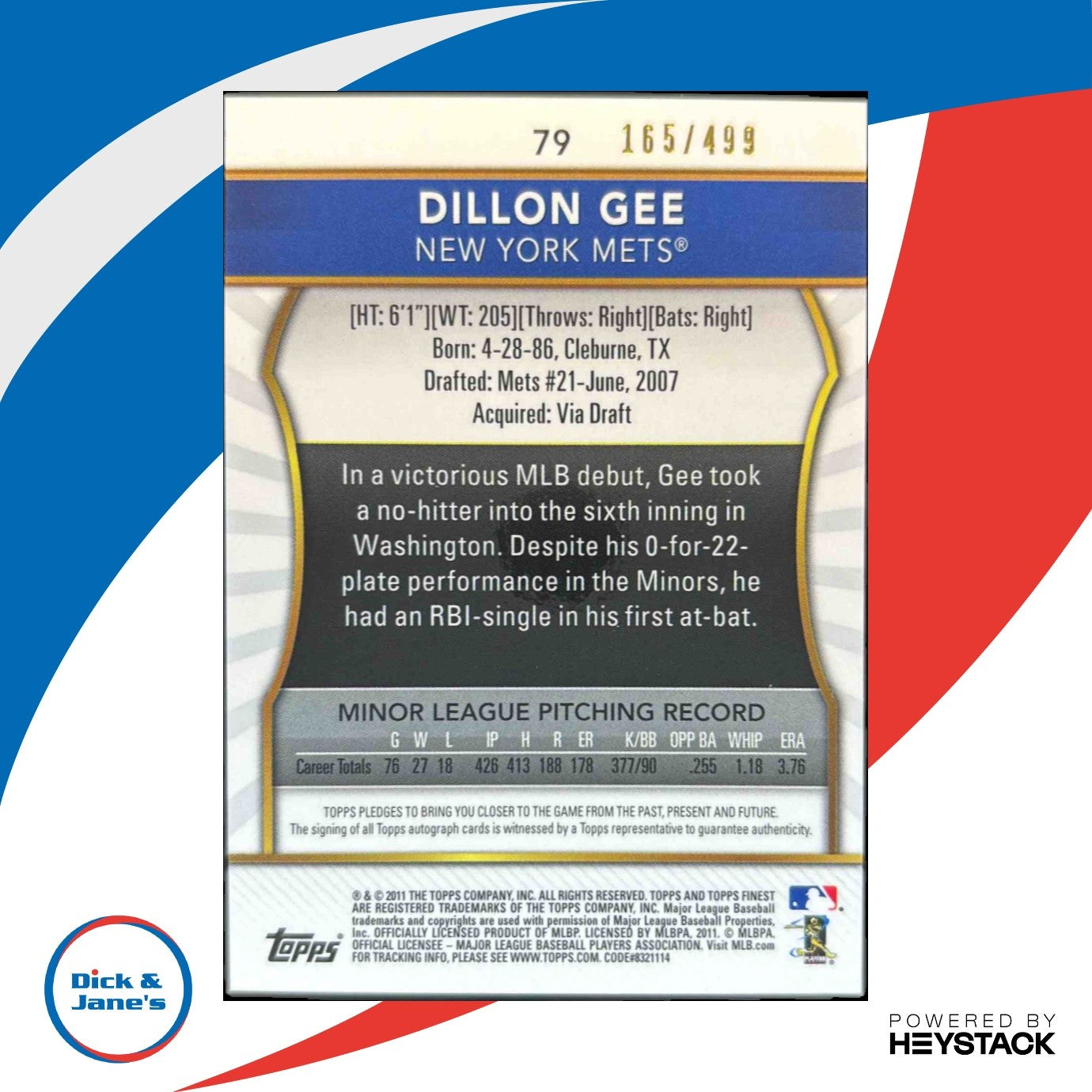 2011 Topps Finest Dillon Gee Rookie Auto Refractor 165/499 #79 RC New York Mets - Sports Cards