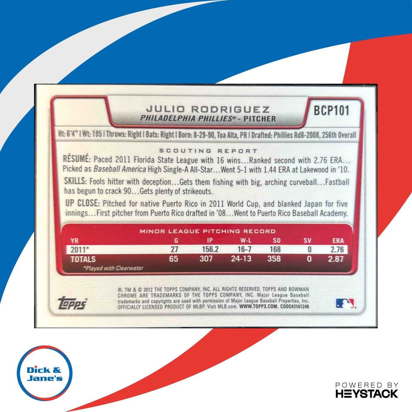 2012 Bowman Julio Rodriguez Chrome Prospect Auto #BCP101 Philadelphia Phillies - Sports Cards
