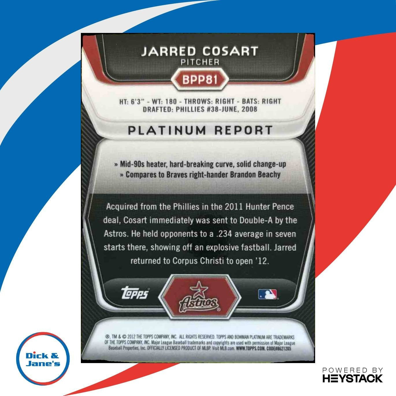 2012 Bowman Platinum Jarred Cosart Prospects Gold Refractor 27/50 #BPP81 Astros - Sports Cards
