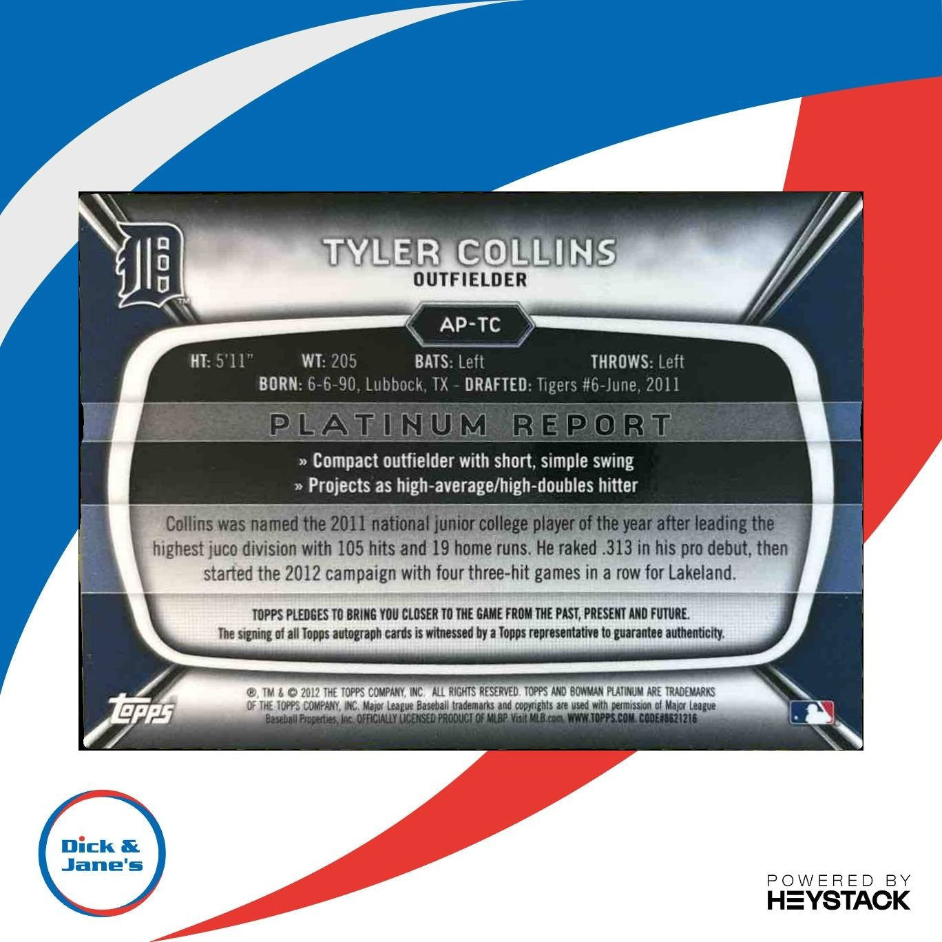 2012 Bowman Platinum Tyler Collins Prospect Auto Green /399 Detroit Tigers - Sports Cards