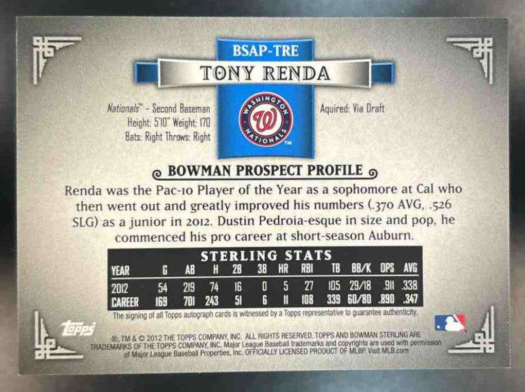 2012 Bowman Sterling Tony Renda Prospect Auto #BSAP-TRE Washington Nationals - Sports Cards