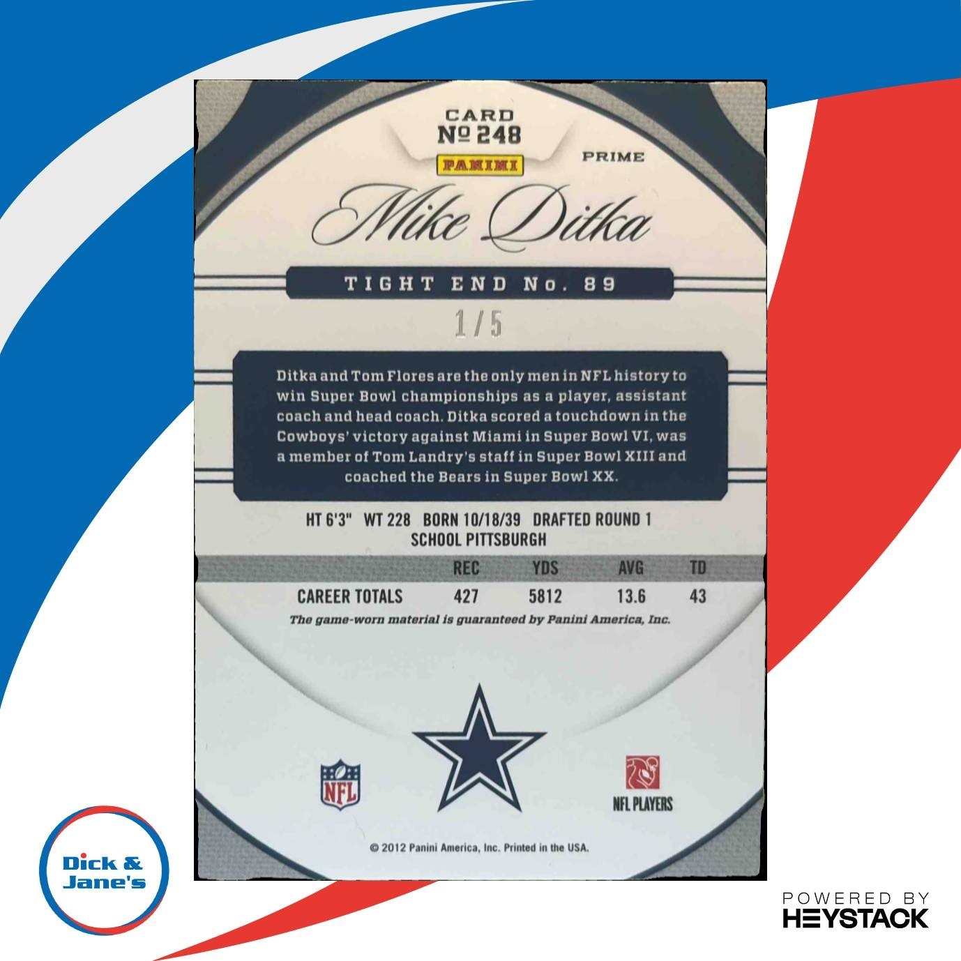 2012 Panini Certified Mike Ditka Emerald Materials 1/5 #248 Dallas Cowboys - Sports Cards