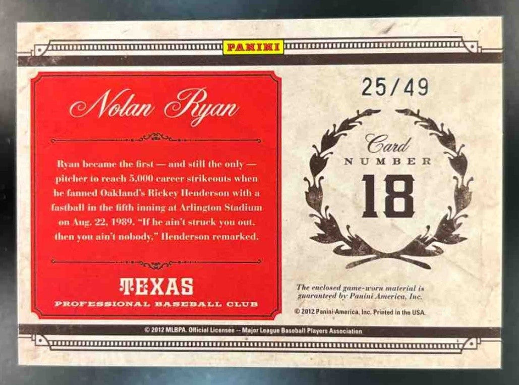 2012 Panini Playoff Prime Cuts Nolan Ryan Colossal Memorabilia /49 #16 MEM Rays - Sports Cards