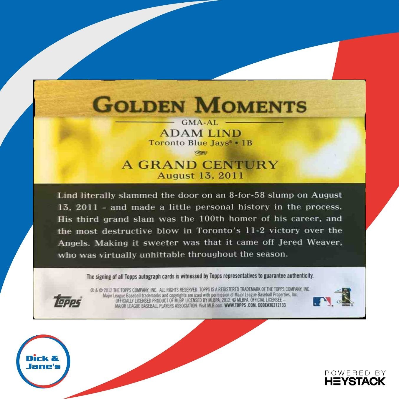 2012 Topps Adam Lind Golden Moments Auto #GMA-AL Toronto Blue Jays - Sports Cards