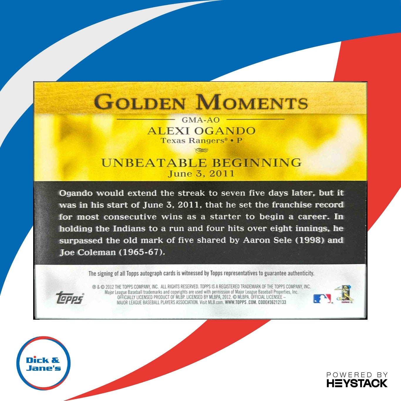 2012 Topps Alexi Ogando Golden Moments Auto #GMA-AO Texas Rangers - Sports Cards