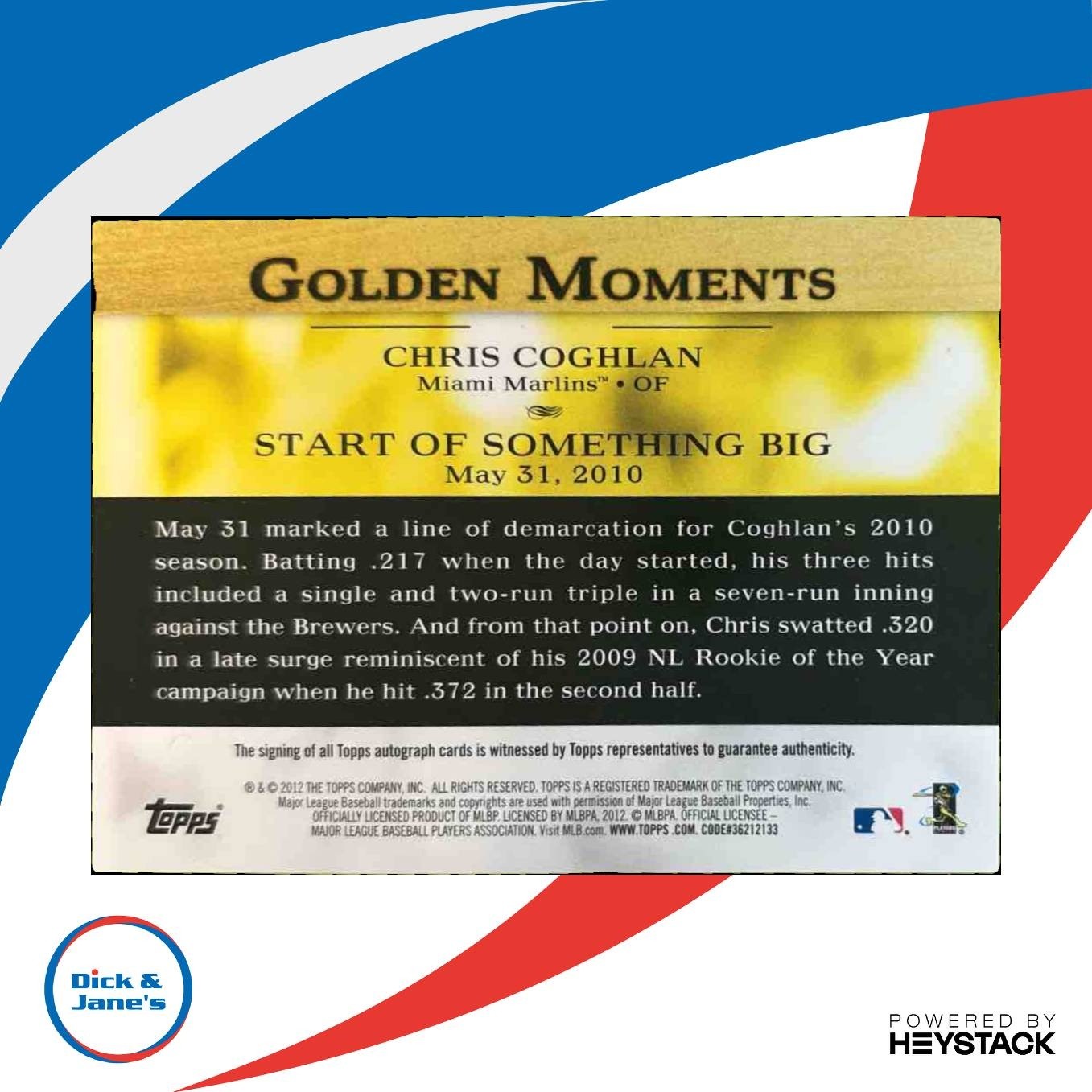 2012 Topps Chris Coghlan Golden Moments Auto #GMA-CC Miami Marlins - Sports Cards