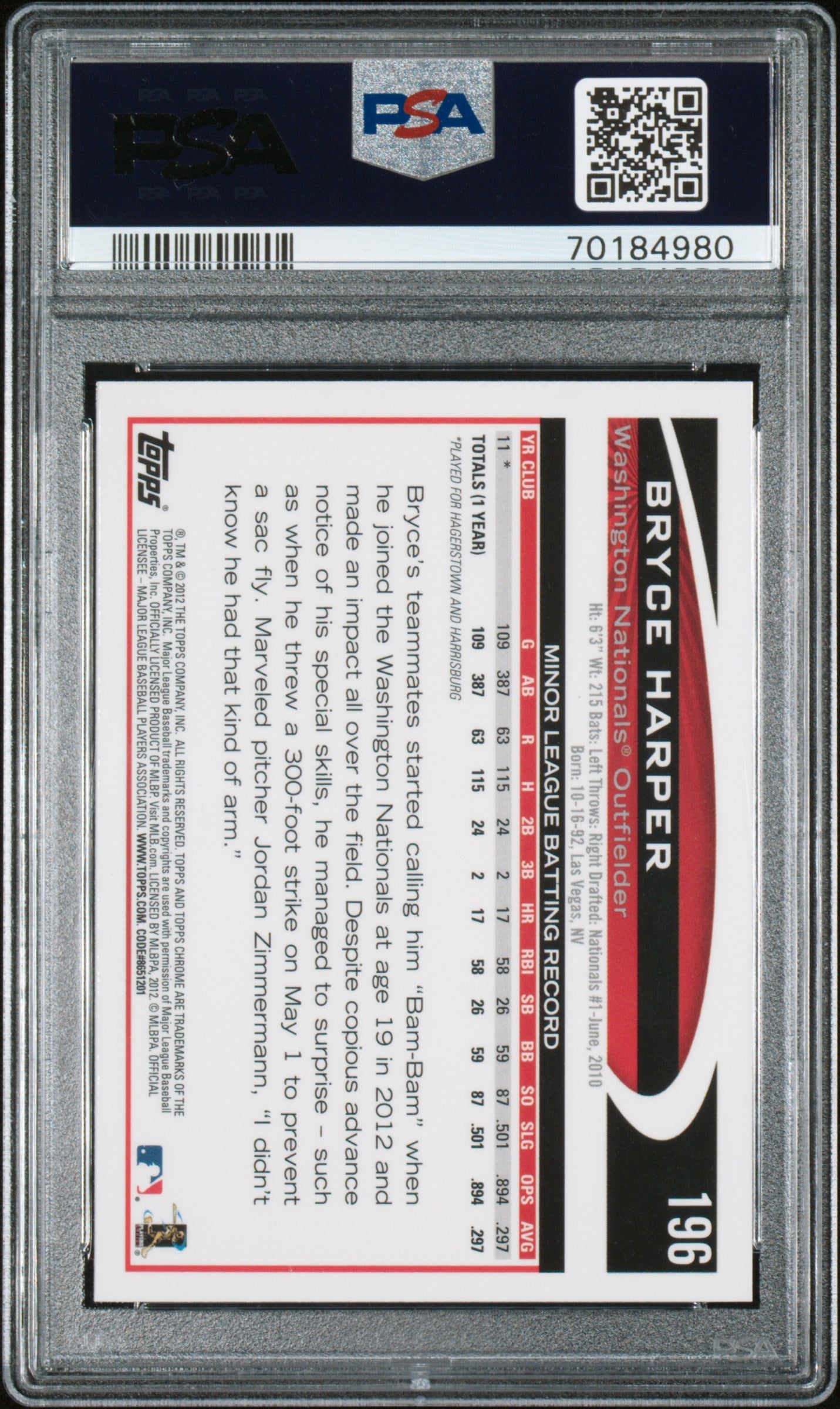 2012 Topps Chrome Bryce Harper #196 PSA 10 - Graded Sports Cards
