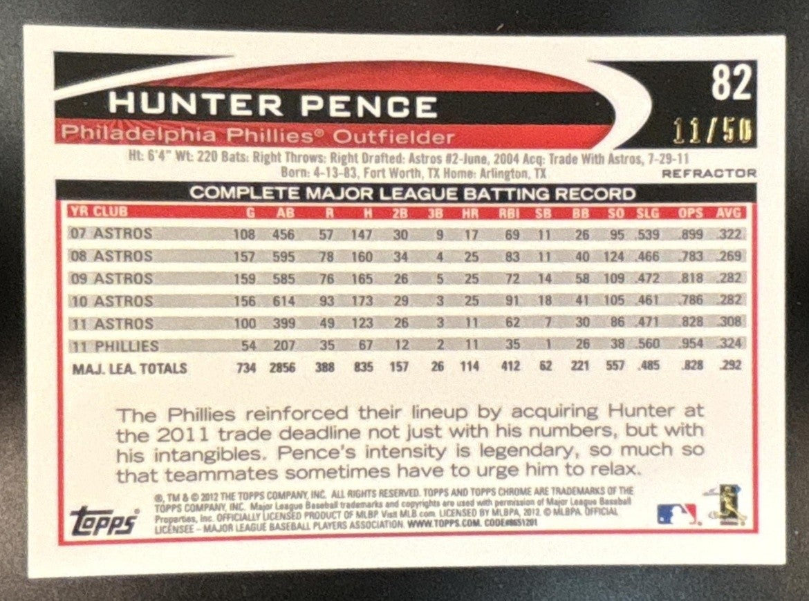 2012 Topps Chrome Hunter Pence Gold Refractor /50 #82 Philadelphia Phillies - Sports Cards