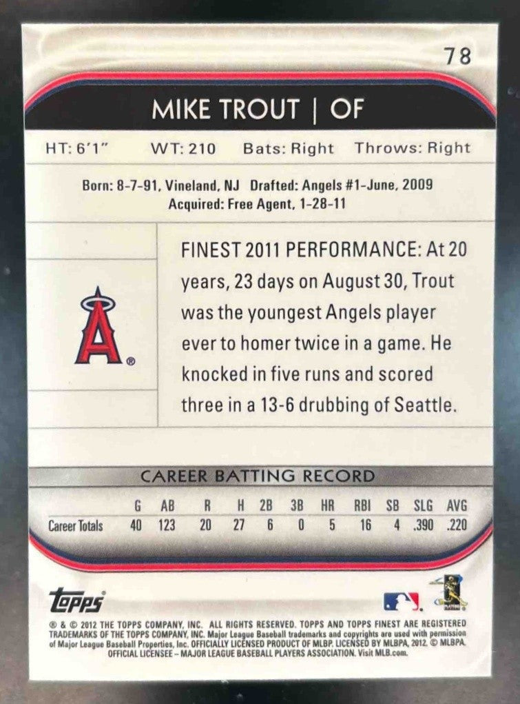 2012 Topps Finest Mike Trout #78 Los Angeles Angels - Sports Cards