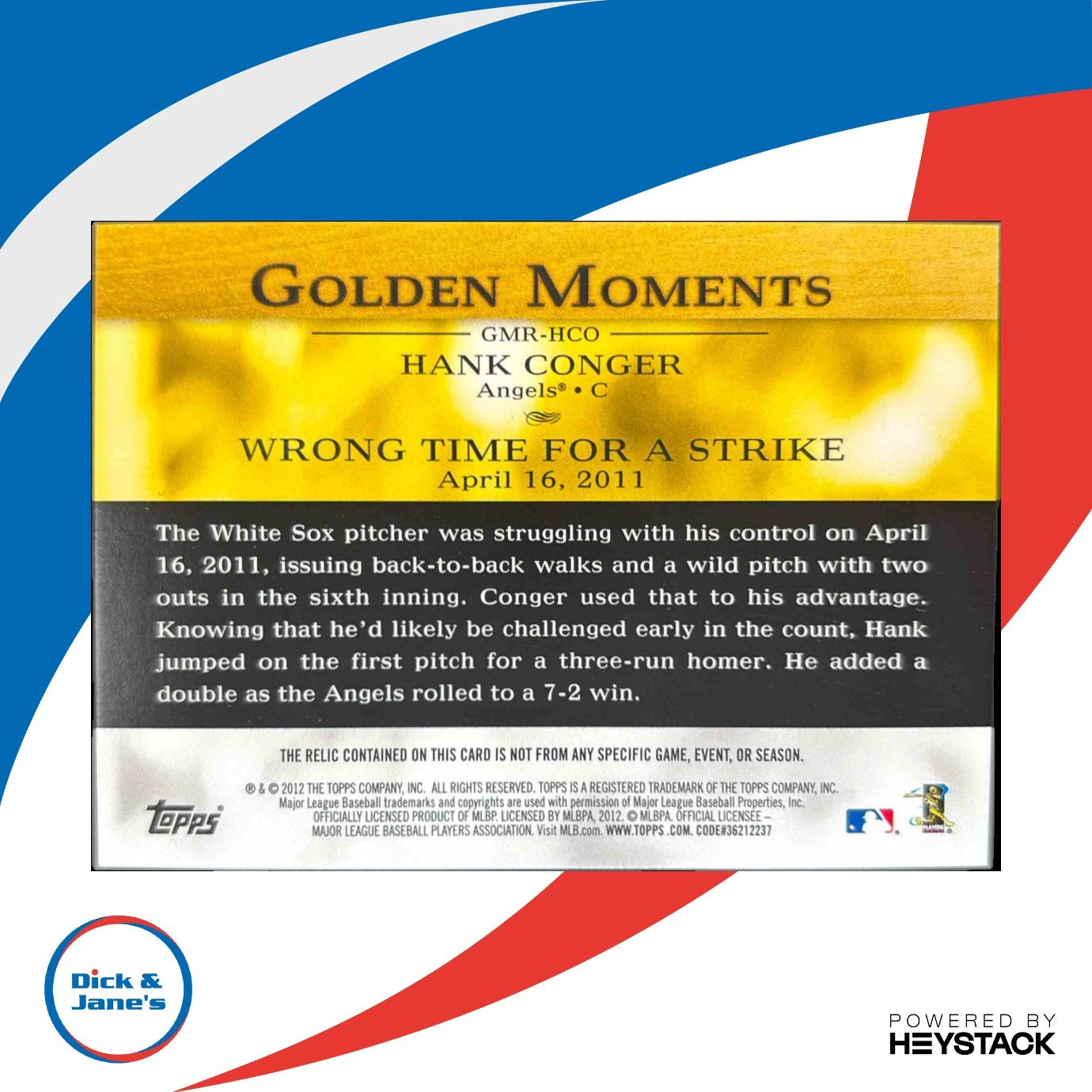 2012 Topps Hank Conger Golden Moments Relics #GMR-HCO MEM - Sports Cards