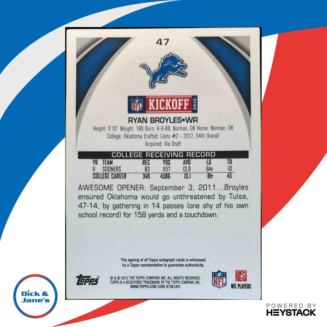 2012 Topps Kickoff Ryan Broyles Auto /160 #47 RC Detroit Lions - Sports Cards