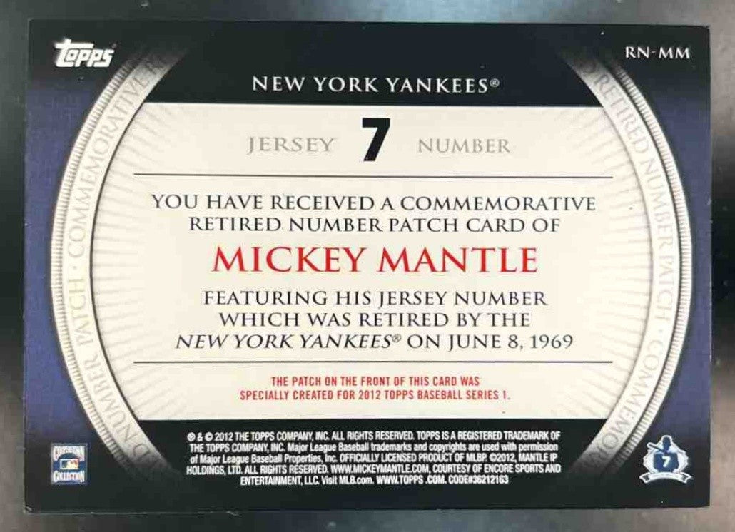 2012 Topps Mickey Mantle Retired Number Patches ’#7’’ - #RN-MM New York Yankees - Sports Cards
