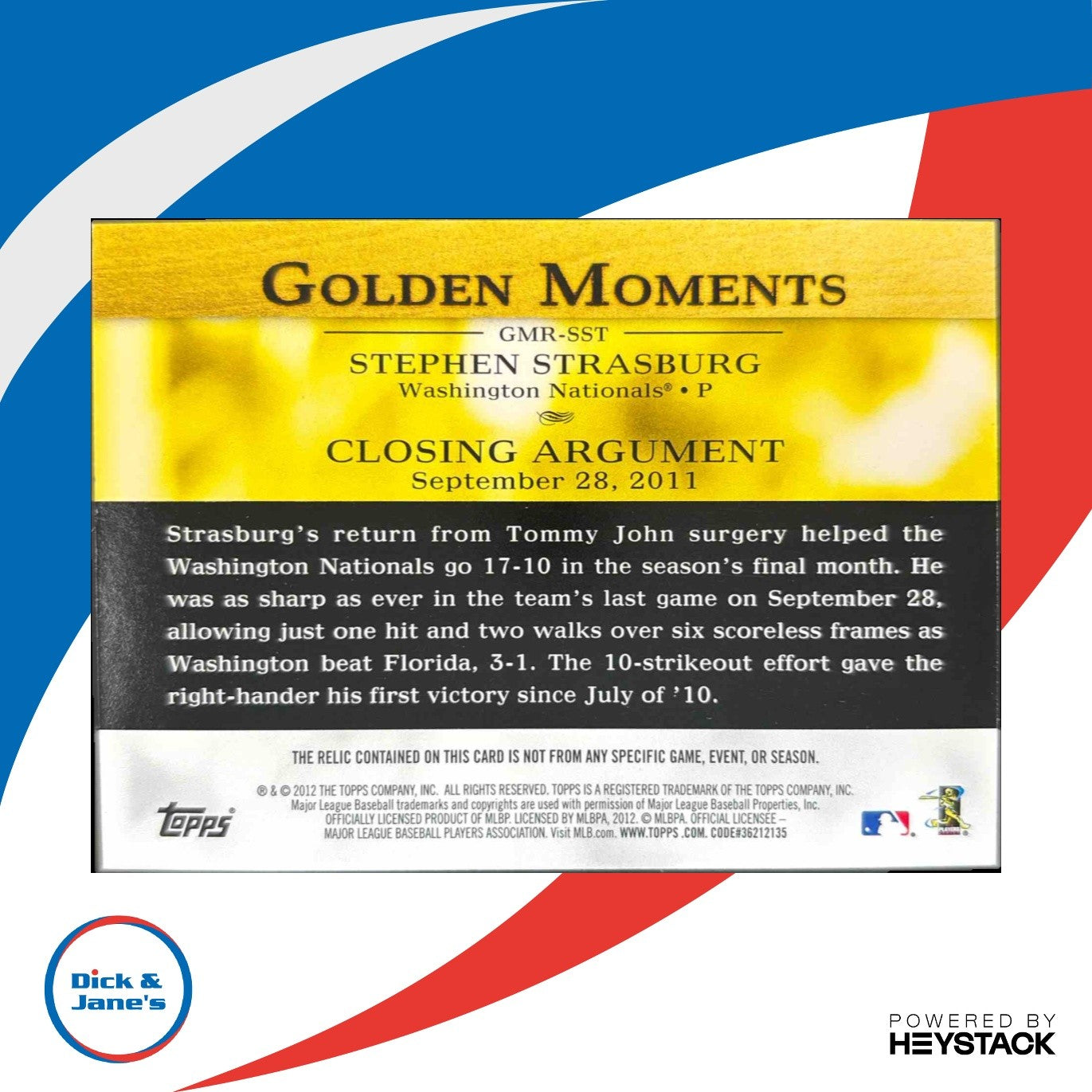 2012 Topps Stephen Strasburg Golden Moments Relics MEM Washington Nationals - Sports Cards