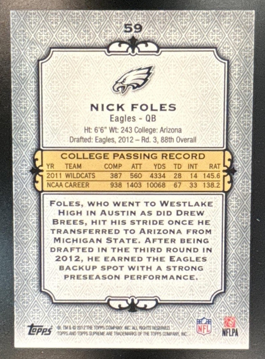 2012 Topps Supreme Nick Foles Blue /96 #59 RC Philadelphia Eagles - Sports Cards