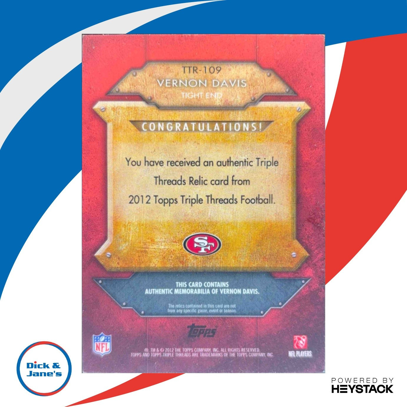 2012 Topps Triple Threads Vernon Davis Relic /36 #TTR-109 San Francisco 49ers - Sports Cards