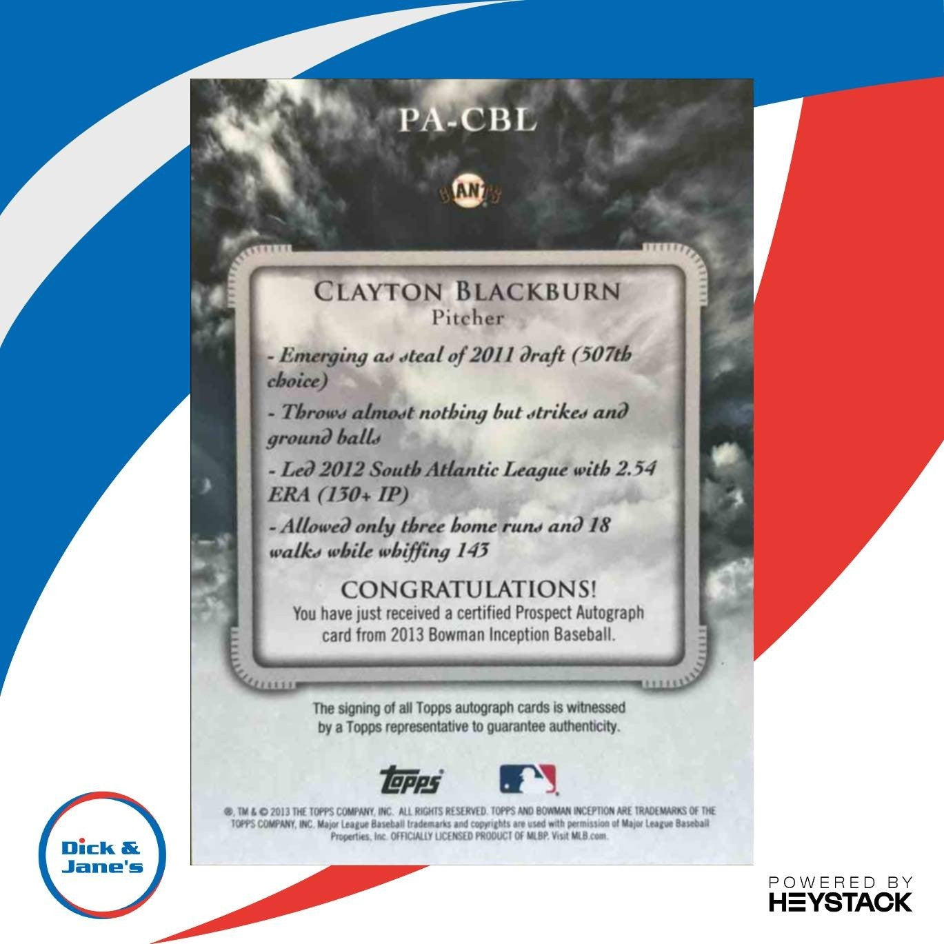 2013 Bowman Inception Clayton Blackburn Gold 71/99 #PA-CBL Auto Giants - Sports Cards