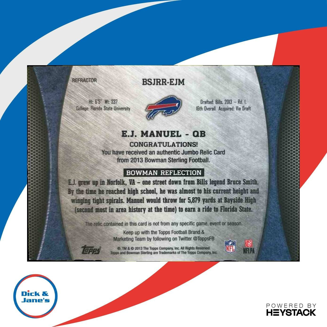 2013 Bowman Sterling EJ Manuel Jumbo Rookie Relics Black /75 RC Buffalo Bills - Sports Cards