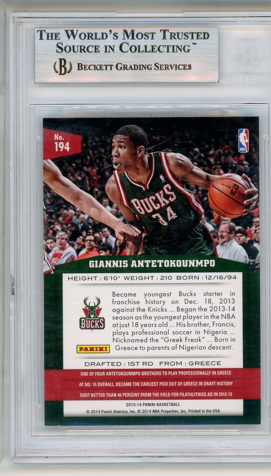 2013 Panini Giannis Antetokounmpo Rookie #194 BGS 9 MINT Milwaukee Bucks - Graded Sports Cards