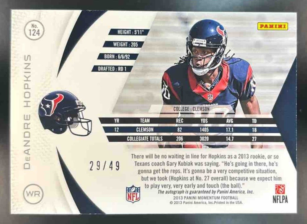 2013 Panini Momentum DeAndre Hopkins Signatures Gold /49 RC Auto Houston Texans - Sports Cards