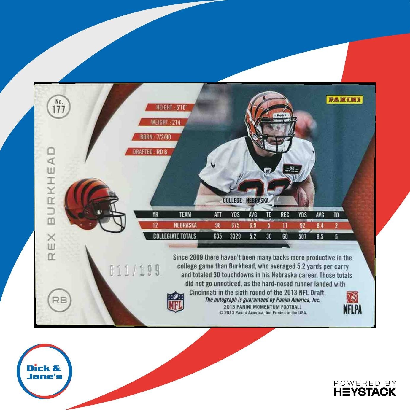 2013 Panini Momentum Rex Burkhead Rookie Signatures Silver /199 #177 RC Bengals - Sports Cards