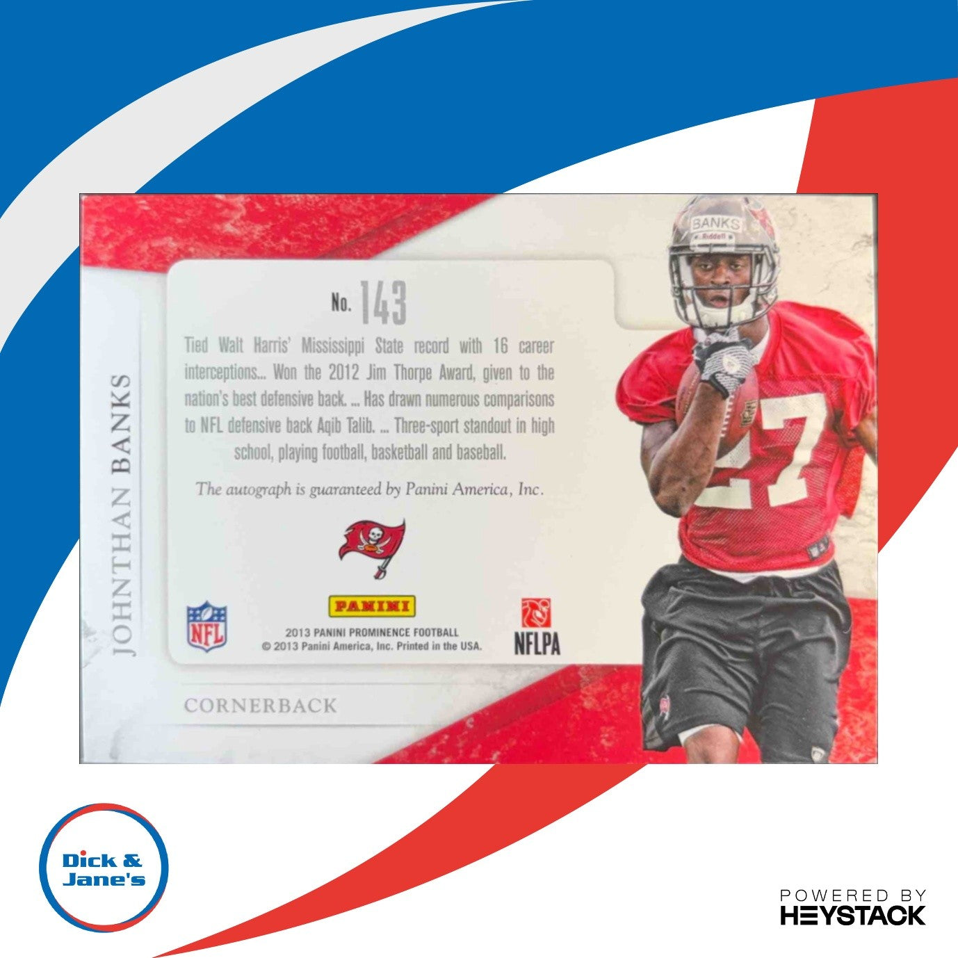 2013 Prominence Johnthan Banks Rookie Rated Patch Auto /225 #143 RC Buccaneers - Sports Cards