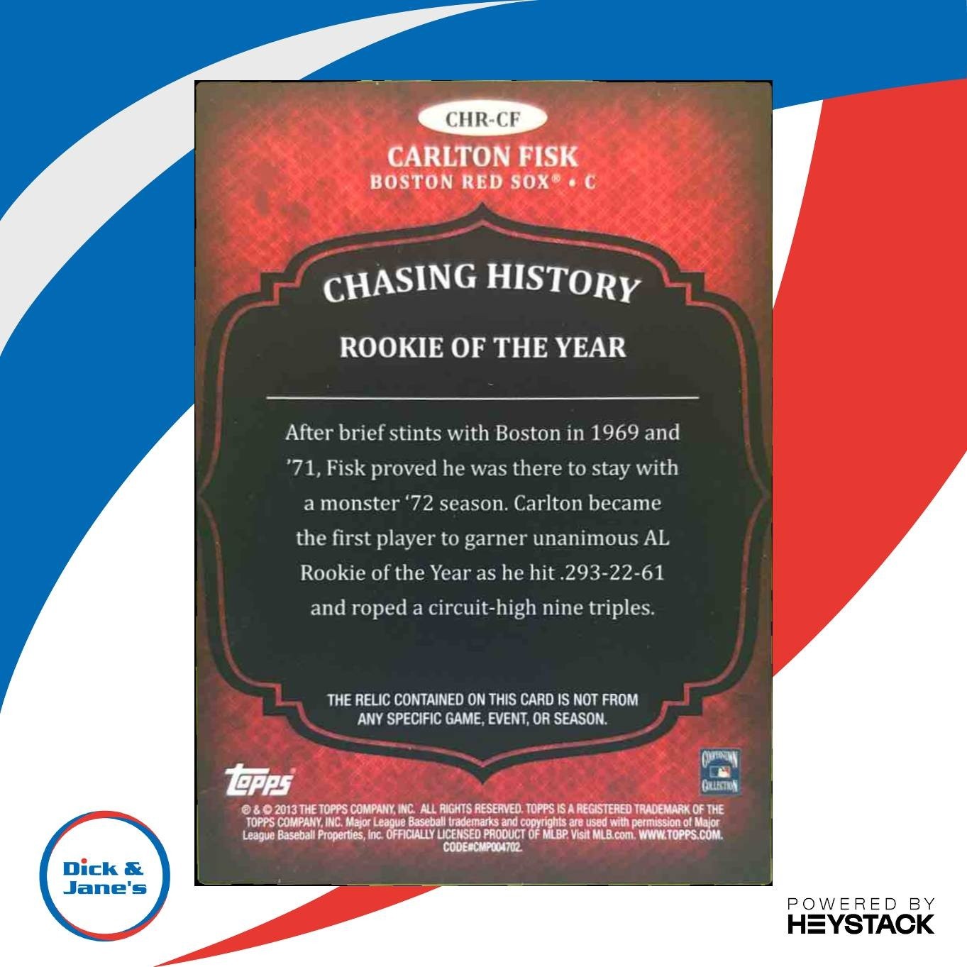 2013 Topps Carlton Fisk Chasing History Relics Gold 14/99 MEM Boston Red Sox - Sports Cards