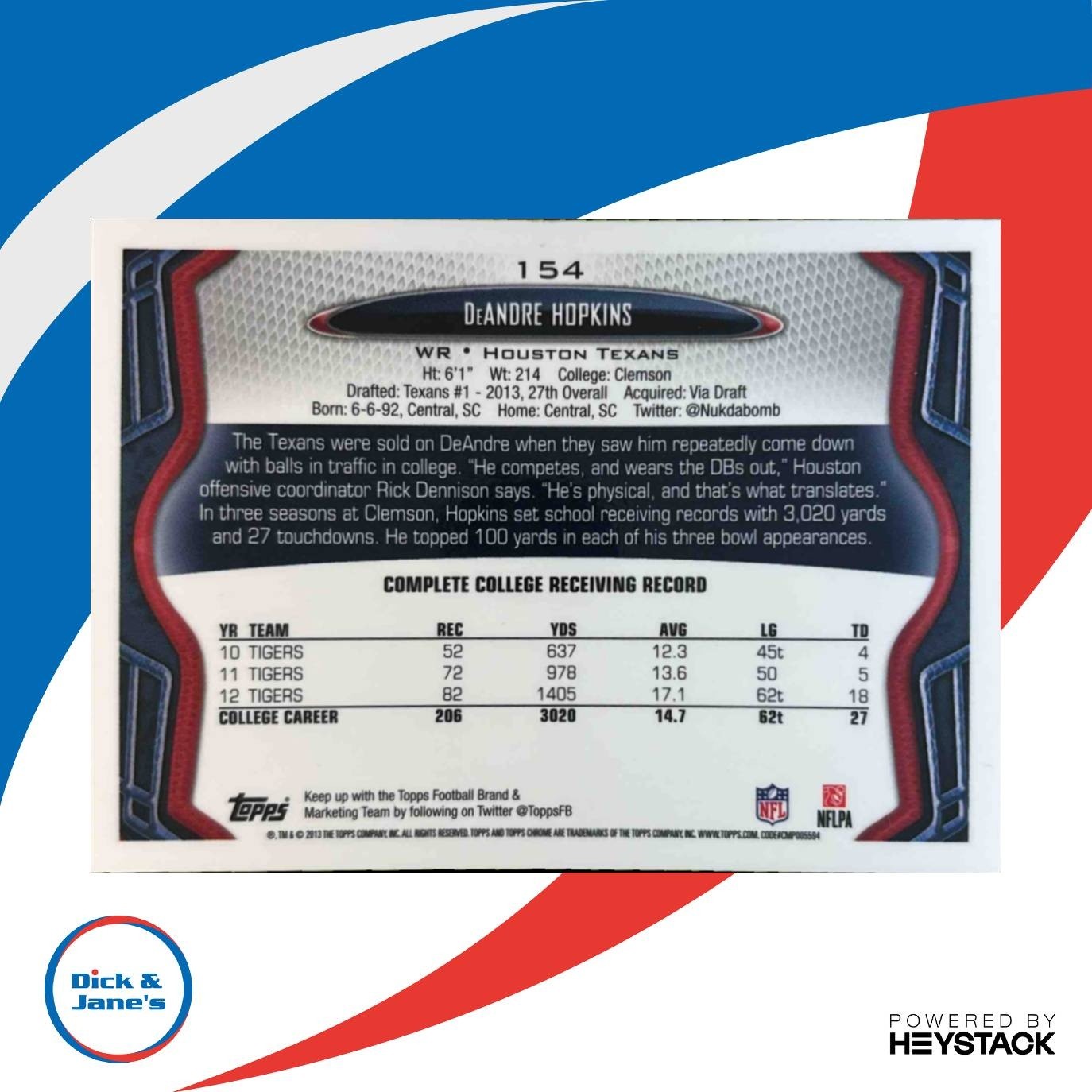 2013 Topps Chrome DeAndre Hopkins #154a RC Houston Texans - Sports Cards