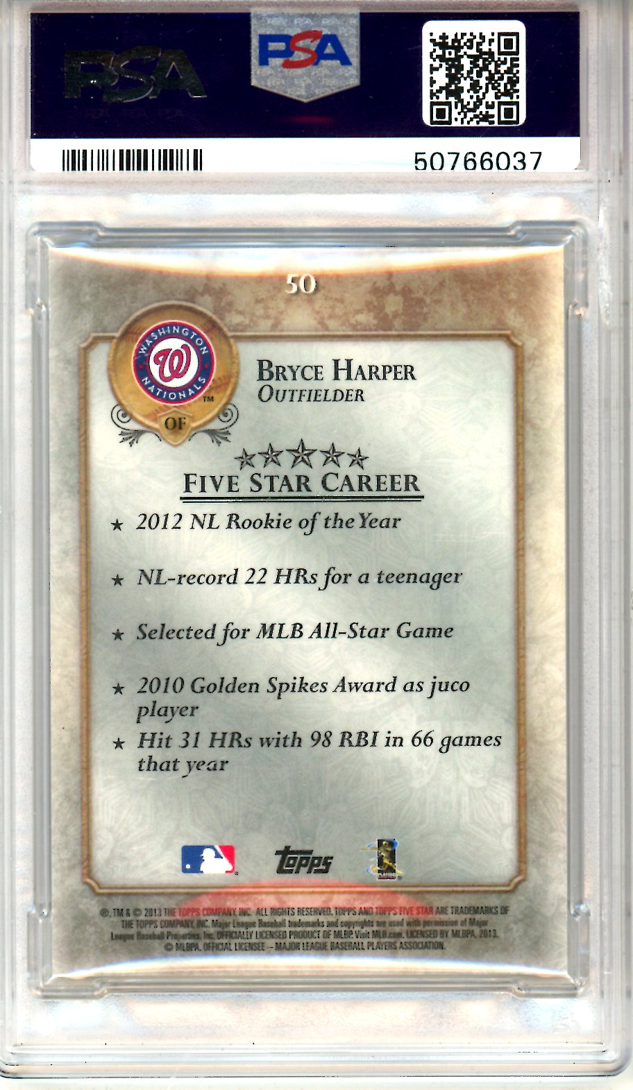 2013 Topps Five Star Bryce Harper Rainbow Foil 10/10 PSA 9 Washington Nationals - Graded Sports Cards