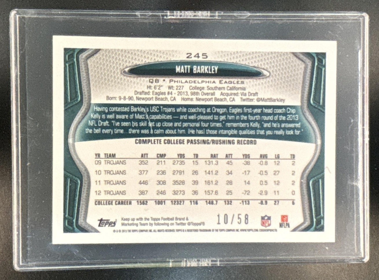 2013 Topps Mini Matt Barkley Gold /58 #245 RC Philadelphia Eagles - Sports Cards