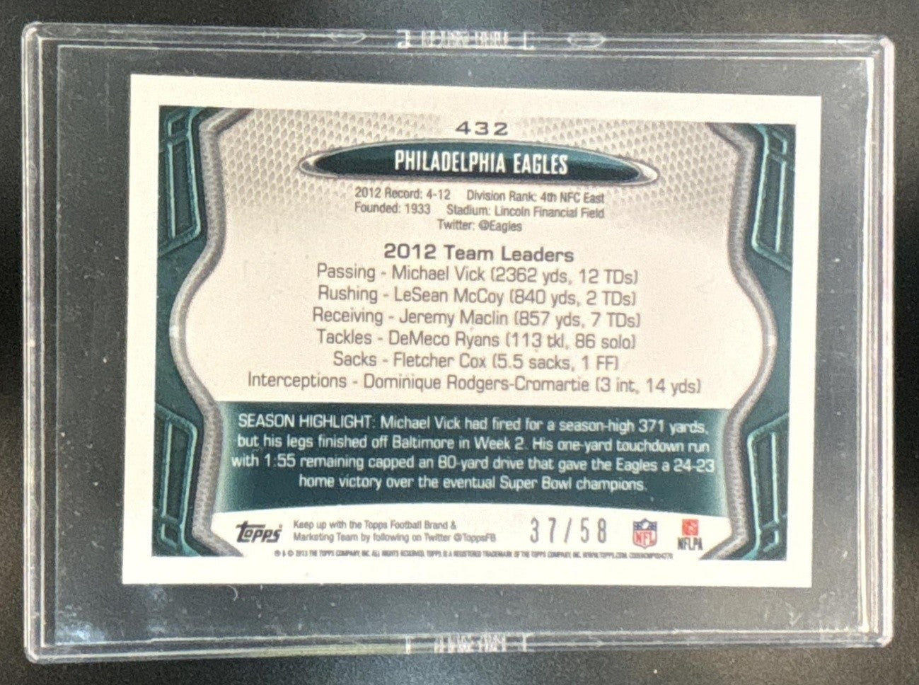 2013 Topps Mini Philadelphia Eagles Gold 37/58 #432 - Sports Cards