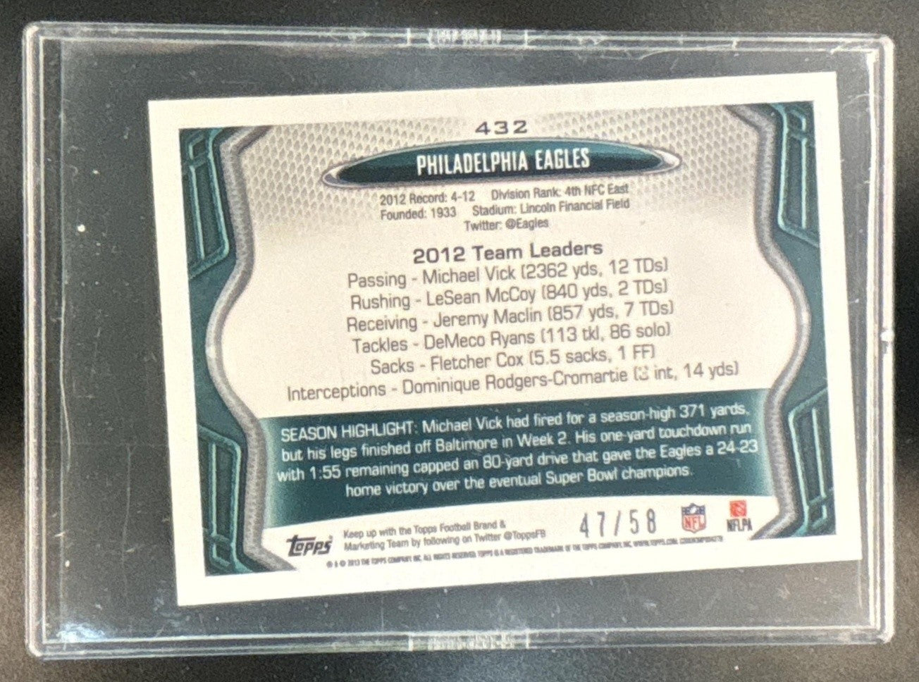 2013 Topps Mini Philadelphia Eagles Gold 47/58 #432 - Sports Cards