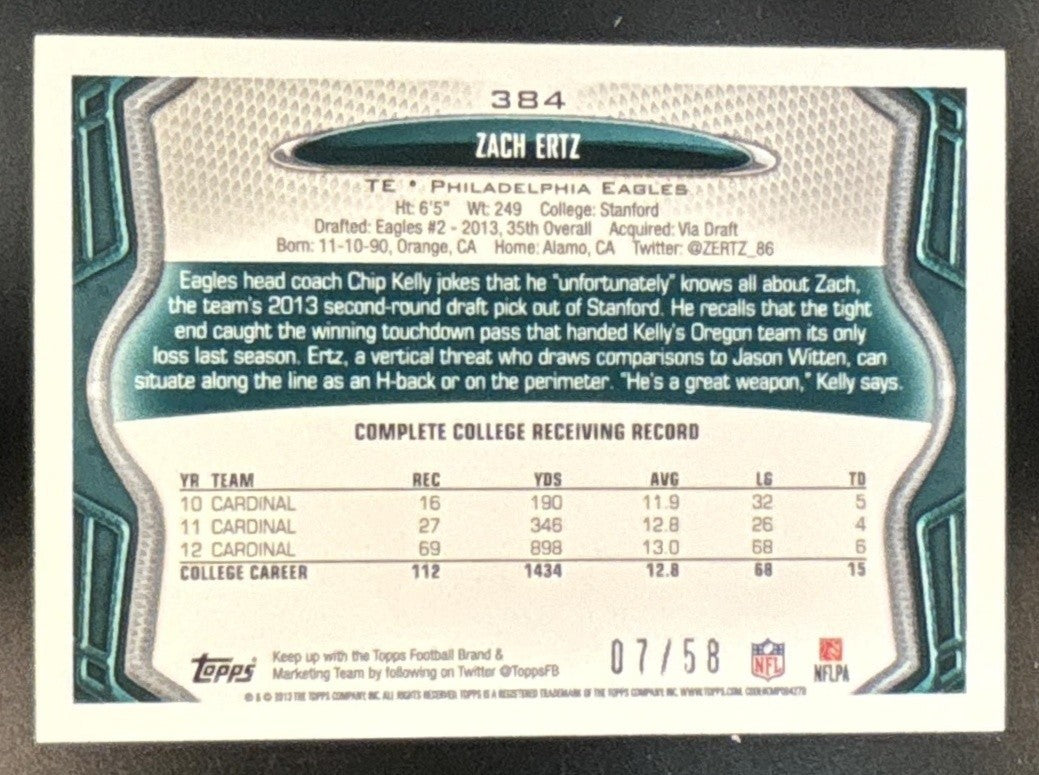 2013 Topps Mini Zach Ertz Gold /58 #384 RC Philadelphia Eagles - Sports Cards
